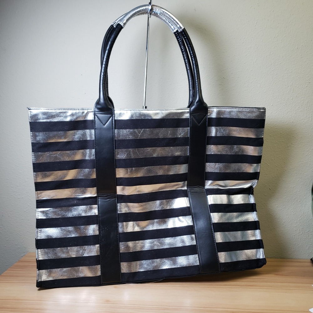Victoria's Secret Black Silver Stripe Tote Bag Logo Front Weekender CarryAll NWT - Picture 3 of 13